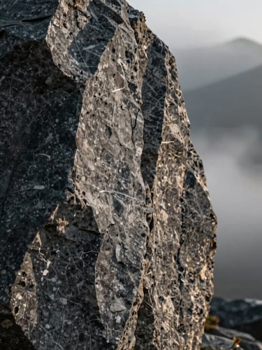 Extreme close-up of raw, hand-carved basalt stone textures, dramatic low-key side lighting casting heavy shadows, wisps of mountain mist in the background.