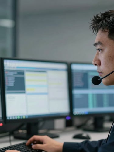 Close-up of a professional dispatcher working at a multi-screen terminal, cool industrial lighting, high-contrast details.