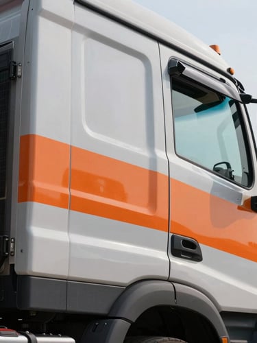 Close-up of industrial freight truck cabin in profile, sharp safety orange branding, clean metallic finish, cool morning light.