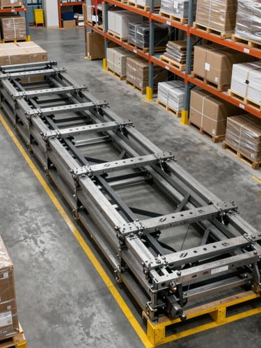High-angle crisp daylight shot of a modern, organized logistics warehouse with heavy-duty cargo strapping and yellow safety lines