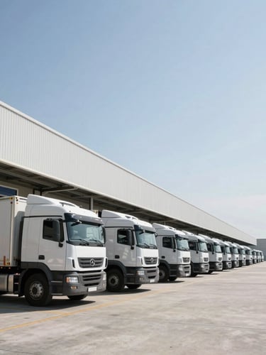 Wide-angle crisp daylight shot of a modern logistics terminal, heavy-duty cargo trucks aligned perfectly at concrete loading docks, sharp shadows, negative space on the right.