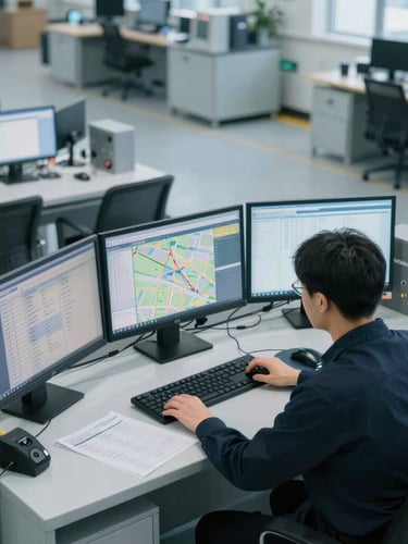 High-angle shot of a technical logistics dispatch center in cool, crisp daylight. A dispatcher is actively working at a multi-screen terminal showing transit logs and maps. Clean, high-precision industrial environment.