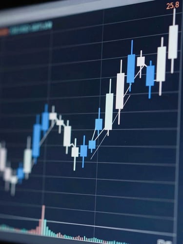Tela de trading com gráficos de candlesticks azuis e brancos, reflexos de luz fria, close-up em dados financeiros limpos, com profundidade de campo suave.