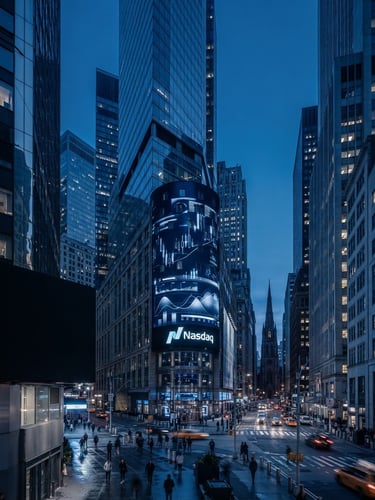 Wide panoramic view of Wall Street, modern financial buildings, Nasdaq digital displays, subtle candlestick charts on screens, cool blue light, metallic reflections, sleek editorial photography, deep navy and metallic silver tones, sharp focus, 35mm