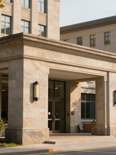 Warm editorial photography of a modern medical university campus entrance with classical stone architecture, soft natural daylight, shallow depth of field, 35mm