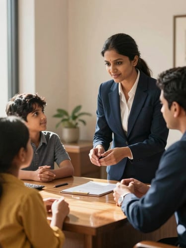 A warm environmental photograph of a professional advisor guiding a supportive Indian family in a refined office, soft daylight reflecting off warm wood and navy accents, shallow depth of field, 35mm