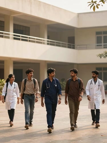 A warm, naturally lit modern university campus courtyard with Indian medical students walking and talking, soft daylight, 35mm photography