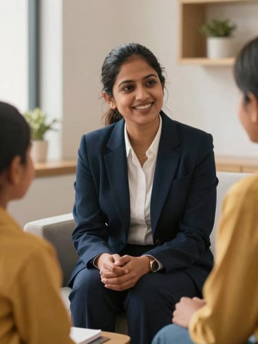 A friendly, professional Indian counselor speaking with a student and her parents in a warm, modern office setting, soft lighting