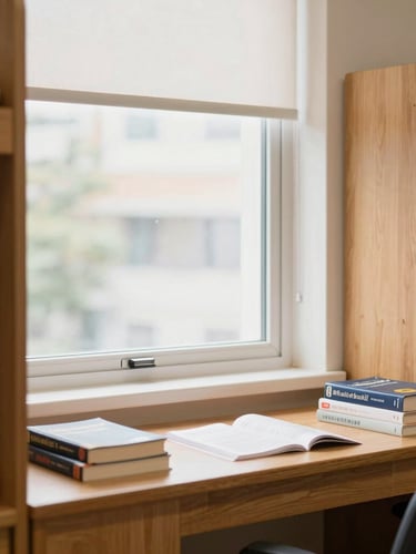 A bright, clean premium hostel room interior with a large window, study desk with medical books, and warm wooden accents, soft daylight