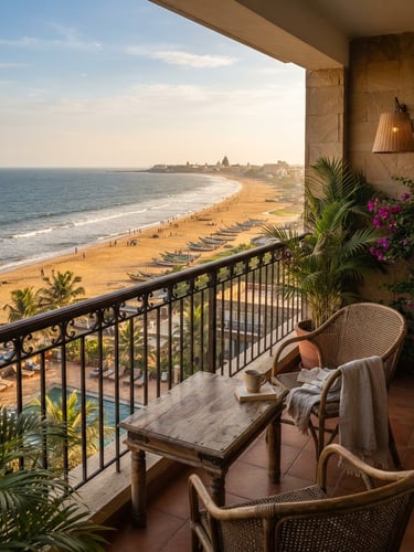 Wide environmental shot of a sun-drenched resort balcony overlooking the golden beach of Puri, warm morning light, 35mm lens.
