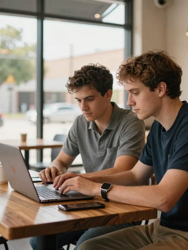 Two young professional male web designers, Jack and Ethan, working on a laptop at a wooden table in a bright Clear Lake Houston coffee shop, natural Texas daylight, authentic look