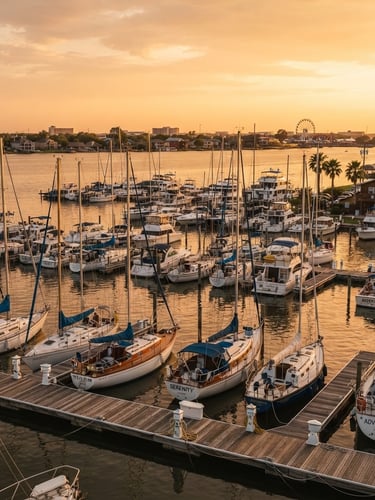 Wide environmental shot of boats moored in Clear Lake Houston at golden hour, warm Texas daylight, rich contrast, 35mm lens