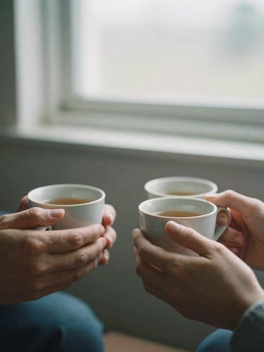 Hands holding warm ceramic mugs of tea in a softly lit, simple room, diffused overcast daylight, quiet atmosphere, 35mm film.
