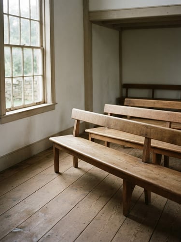Soft window light falling on simple wooden benches in a historic Quaker meeting house, quiet editorial photography, muted earth tones, 35mm film.