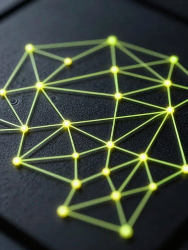 Macro close-up of structured cryptographic proof diagrams, glowing electric-lime vector lines mapping network topologies on a deep obsidian background, sharp directional lighting.