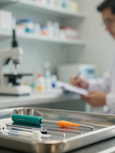 Clean modern clinical consultation room, soft natural light, organized medical tools on a steel tray, a professional pharmacist in a crisp white coat in the background, warm and reassuring atmosphere.