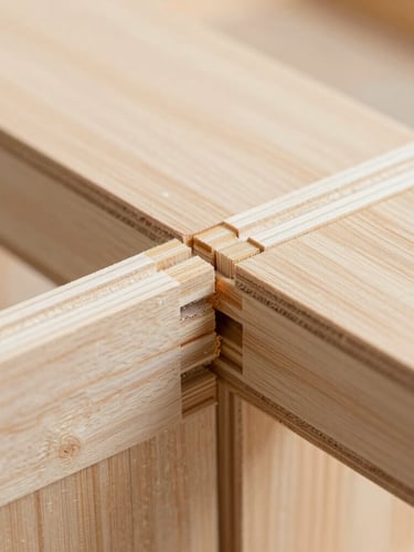 Macro close-up of interlocking friction-fit plywood joint, showing perfect engineered tolerances and clean CNC router paths, bright natural side-lighting