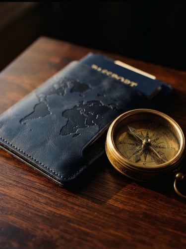 Extreme close-up of a luxury leather passport holder and vintage gold compass on a dark mahogany table, warm dramatic golden hour light, shallow depth of field