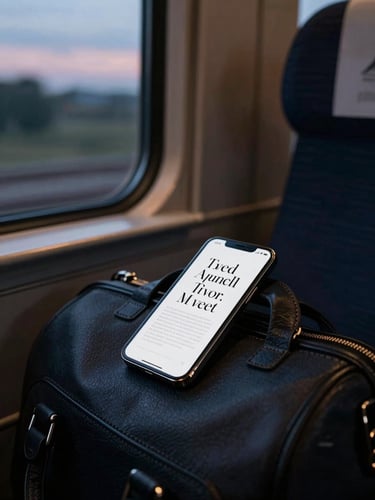A sleek modern smartphone displaying an elegant typography layout, resting on a leather travel bag inside a luxury train cabin, soft twilight window light, cinematic editorial photography.