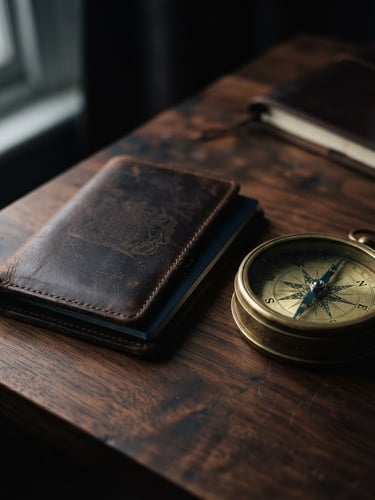 Close-up of a premium leather passport holder and a vintage gold compass resting on a dark walnut table, moody twilight lighting, high contrast, cinematic editorial photography.