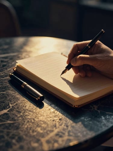 Close-up of a hand writing in a leather journal next to a vintage fountain pen on a dark marble table, warm golden hour light casting long shadows, cinematic editorial photography.