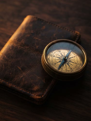 Extreme close-up of a premium leather passport holder and vintage brass compass on a dark wood table, warm golden hour light reflecting off the brass, cinematic editorial photography, medium format film