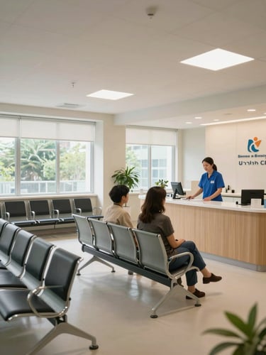 Bright clinic waiting room interior, wide environmental shot, rows of clean chairs near large windows letting in natural daylight, a staff member at the reception desk speaking calmly with a patient, organized and welcoming space, soft overhead lighting