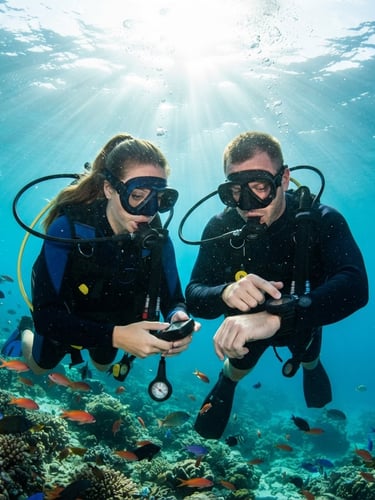 A close-up shot of two divers checking pressure gauges together on a sunlit boat deck, turquoise ocean background, bright tropical daylight.