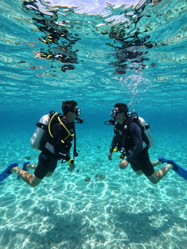 A calm face-to-face scuba instruction session in shallow turquoise water, sun rays filtering down, clear visibility.