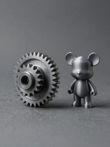 Three-quarter studio shot of organized 3D-printed components — one industrial gear part and one custom miniature figurine placed side by side on a matte grey surface, controlled daylight-balanced lighting, crisp focus on surface finish detail, cool neutral tones