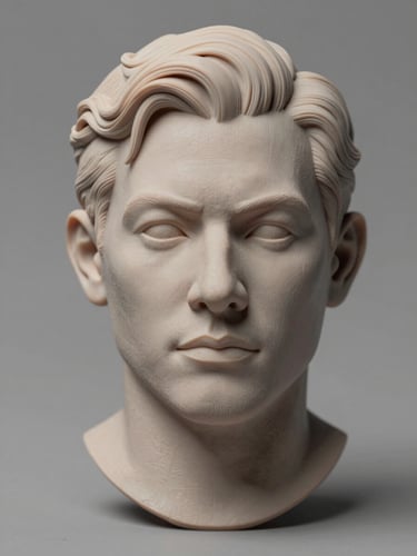 Close overhead three-quarter shot of a high-detail 3D-printed human figurine on a neutral grey studio surface, controlled strobe lighting revealing precise layer finish and facial geometry