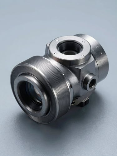 Close overhead three-quarter view of a precision-printed industrial part on a flat matte surface, studio strobe lighting revealing layer-line detail and dimensional accuracy, cool daylight-balanced tones, no hands, no people
