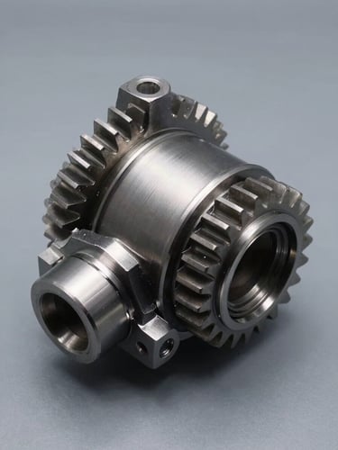 Overhead studio strobe shot, three-quarter view, a precision-machined automotive gear and bracket assembly laid on a matte grey surface, sharp focus on surface finish and layer-line detail, cool-neutral lighting, no hands or people