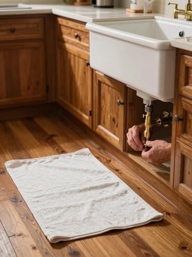 Close environmental shot inside a classically appointed Atlanta kitchen — a plumber's hands carefully tightening a brass fitting beneath an original porcelain farmhouse sink, drop cloths laid neatly across aged hardwood floors, warm window light falling across original wood cabinetry in the background