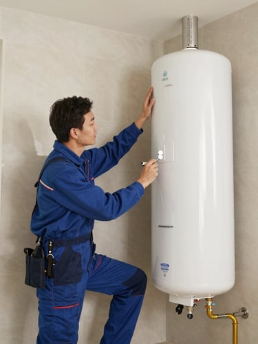 Wide shot of a plumber in work clothes kneeling beside a cast-iron water heater in a utility room with original brick walls, organized tools laid on a clean drop cloth, warm ambient light from a high window