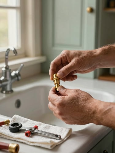 Close-up of skilled plumber's hands tightening a brass compression fitting beneath a vintage farmhouse sink, warm window light from the left, original painted cabinet doors visible in soft focus behind, organized tools on a folded drop cloth