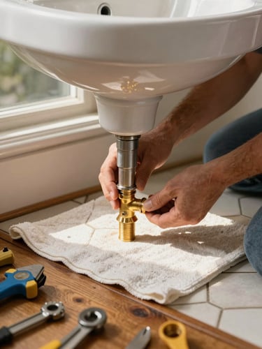 Close-up of a plumber's hands fitting a brass compression joint beneath a period-style porcelain sink, warm window light falling across original hex tile floor, drop cloth laid carefully over the hardwood threshold, organized tools visible at the edge of frame