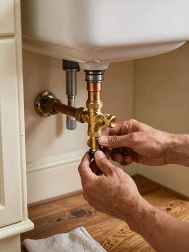 Close-up of a plumber's hands tightening a brass compression fitting beneath a farmhouse sink, warm window light falling across original painted cabinet trim and aged copper pipe, drop cloth visible on period hardwood floor