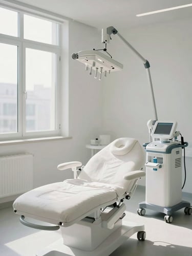 A pristine, empty treatment room with modern medical spa equipment, bathed in bright diffused natural daylight, architectural lines.