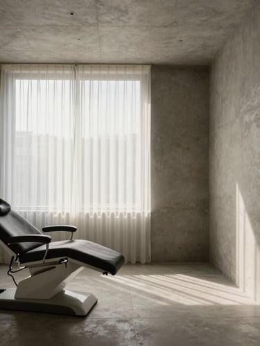 Sleek architectural medical spa treatment room with soft daylight filtering through sheer curtains, minimalist concrete walls, and a premium treatment chair on the left third, generous negative space.