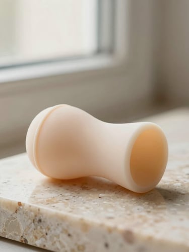Macro close-up of a sleek, matte sculptural object made of medical-grade silicone resting on a slab of raw travertine stone, soft morning window light, warm champagne tones, 35mm photography