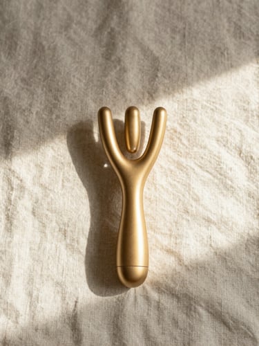 Minimalist flat-lay of a gold-plated luxury intimate massager resting on heavy textured linen fabric, soft morning shadows, elegant warm tones