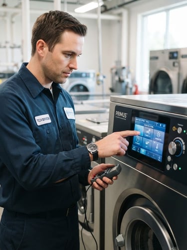 A professional technician in a clean uniform analyzing a modern digital washer control panel, bright neutral indoor daylight, crisp commercial photography, 35mm lens.