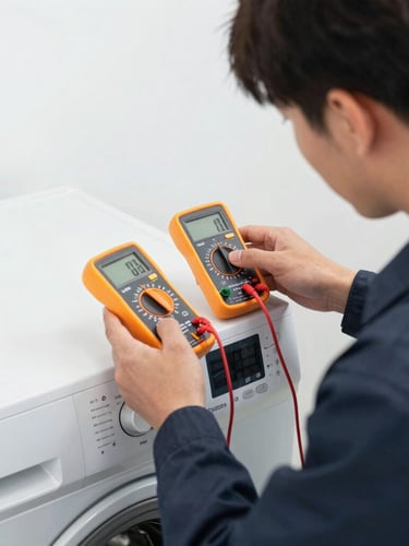 A professional technician in a clean dark uniform testing a modern washing machine electronic control board with a digital multimeter, bright neutral utility lighting, close-up shot.