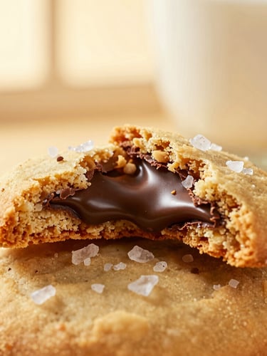 Macro split-shot of a warm cookie broken in half, showing a molten dark chocolate center and flaky sea salt, soft golden hour side lighting