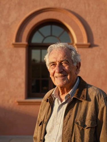 Candid environmental portrait of an elderly local historian smiling, warm late-afternoon golden hour light coming through a Spanish arched window in the background