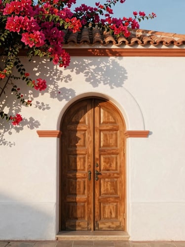 Straight-on architectural elevation of a white stucco archway with a hand-carved wooden door, framed by vibrant bougainvillea under bright afternoon coastal sunlight.