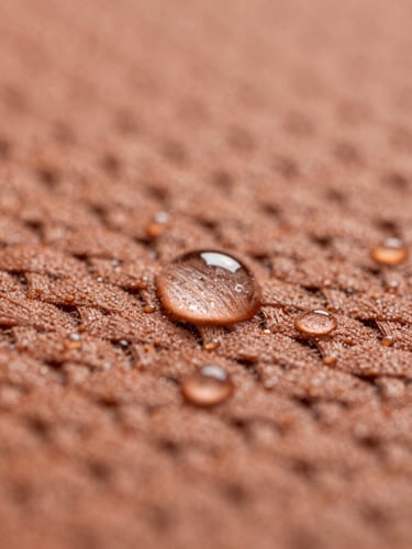 Extreme close-up macro shot of stain-repelling fibers after a liquid resistance test, water droplets beading perfectly on a terracotta woven surface, sharp focus, 50mm