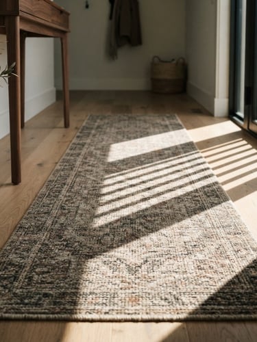 Low-angle floor-level shot of a clean, modern entryway with a high-contrast split shadow, showing a textured, low-pile stain-resistant runner rug, natural side-lighting, muted earth tones, 50mm.