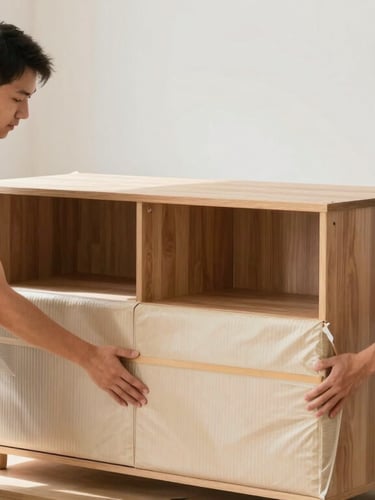 Crisp editorial photo of professional movers in clean dark navy uniforms carefully wrapping a wooden cabinet with protective padding, bright morning daylight, sharp focus, 35mm lens